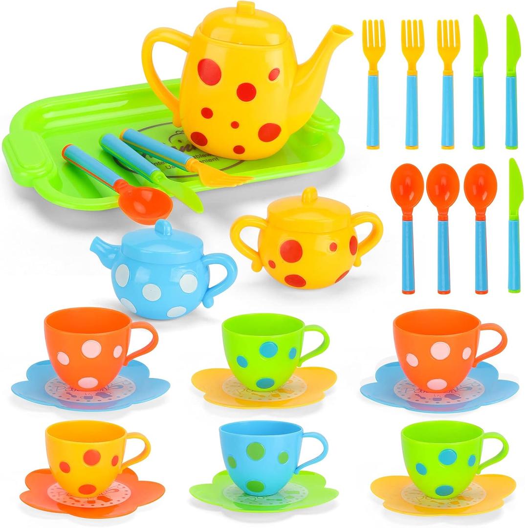 Pretend Play Toy Tea Set for little girls, Kids Role Play Tea Toy Party Set, 28pc Plastic Afternoon Tea Time Playset with Teapot, Cup, Knife, Fork, Spoon, Saucer, Serve Tray.
