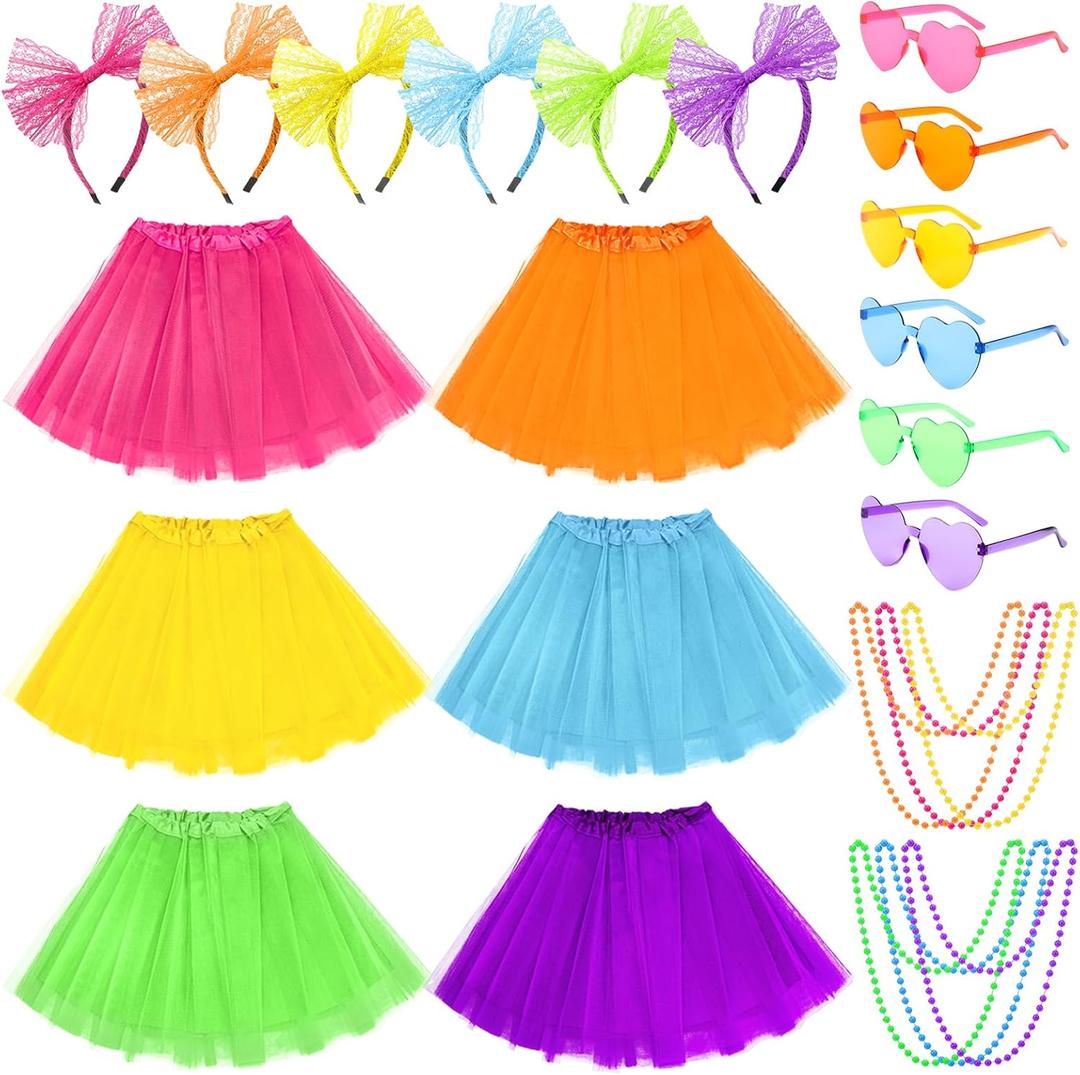 24Pcs Adult Tutu Skirts for Women 4 Layered Tulle Tutus Headband Necklace Eyeglasses for Neon Outfit 80s Costume, One Size