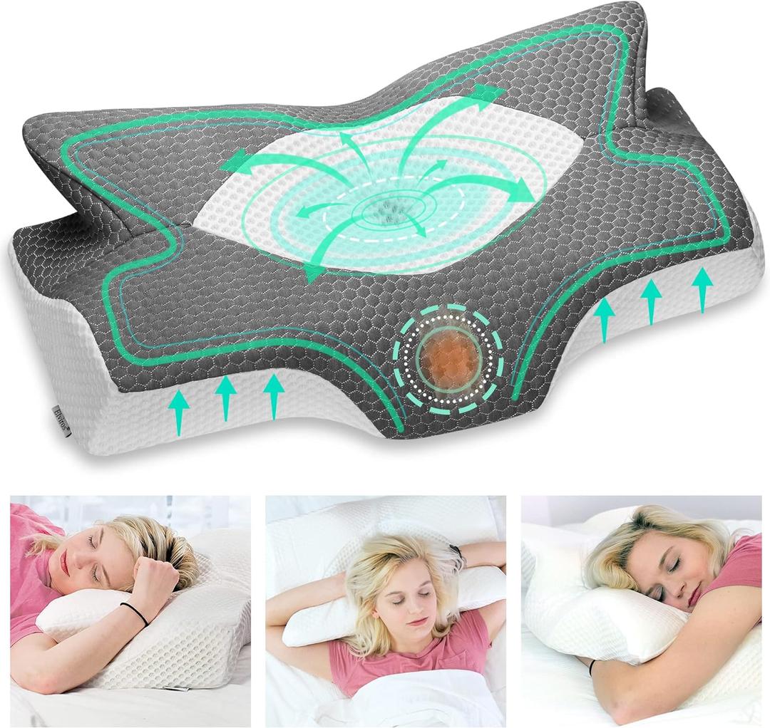 Elviros Cervical Memory Foam Pillows for Neck and Shoulder Pain, Ergonomic Orthopedic Sleeping Support Pillow for Side Sleepers, Back and Stomach Sleepers (Dark Grey-L)
