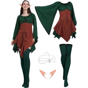 4 Pcs Fairy Costume for Woman Renaissance Dress Costume, Women Elf Medieval Irish Dress Ear Head Chain for Halloween (XL)