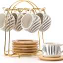 LUKA Ceramic Coffee Espresso Cups with Saucers Set with Metal Holder, 4 oz Porcelain Demitasse Cups For Tea, Espresso, Latte, Coffee, Cafe Mocha, Set of 6, White