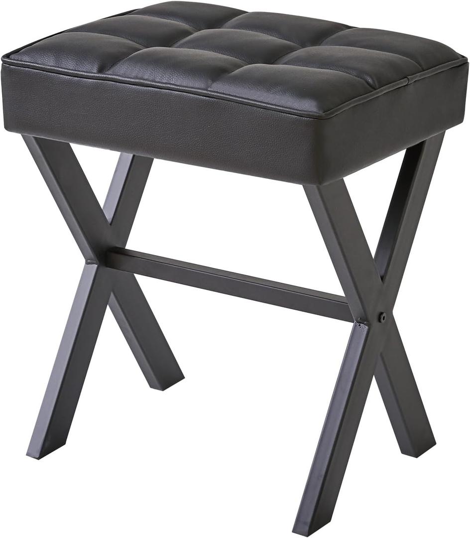 IBUYKE Square Makeup Stool with X-Leg Foot Rest, PU Footrest, Ottoman Seat Vanity Stool, Multi-Use as Small Side Table, for Bedroom, Living Room, Black LG-71B (17.72"-Leather)