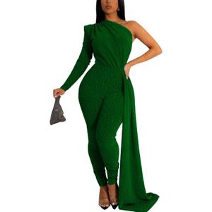 Women's Sexy Sparkly One Shoulder Long Sleeve Bodycon Jumpsuits Stretchy Long Pants Clubwear Party Rompers With Belt Rope (Medium,  Green)