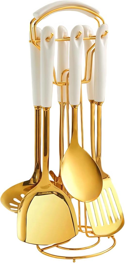 7pcs Stainless Steel Kitchen Utensils Set with Holder, Kitchen Accessories for Cooking Includes Soup Ladle, Metal Spatula, Slotted Spoon, Slotted Spatula, Pasta Spoon, White Gold (Large)
