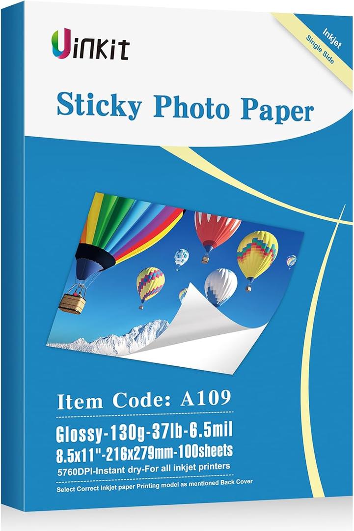 Uinkit 100 Sheets Printable Glossy Sticker Photo Paper 8.5x11 Full Sheet Inkjet Self Adhesive Photo Paper Label For for Scrapbooking, Brand Logo, Party Decor Stickers Letter Size