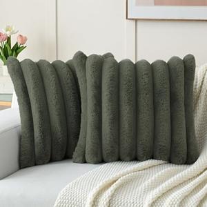 FUTEI Olive Green Decorative Throw Pillow Covers 18x18 Inch Set of 4, Square Soft Faux Rabbit Fur Big Striped Cushion Cover,Home Decor for Couch Sofa Bed Living Room