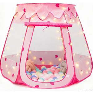 Pop Up Princess Tent with Star Light, Toys for 1 2 3 Year Old Girl Birthday Gift, Baby Girl Toys, Ball Pit for 12-18 Months Toddler Gift, Easy to Pop Up and Assemble (Pink)