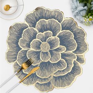 Gold Flower Placemats Set of 6 Pressed Vinyl Round Table Mats for Dining Table Centerpiece Decor Washable Waterproof Non Slip 15 Inch