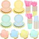 Yaomiao 336 Pcs Plates and Napkins Party Supplies Disposable Dinnerware Set Scalloped Plates Cups Napkin with Plastic Forks Knives Spoons Serve 48 Guests for Birthday Wedding (Rainbow,Classic)