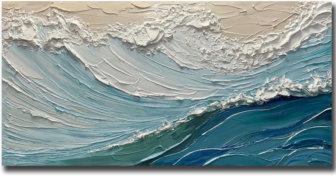 V-inspire Art,24x48 Inch Hand drawn Oil Painting, Modern Home Canvas Wall Decoration - The Surging Waves - Abstract Mural Painting (48L" x 24W", Blue/White)
