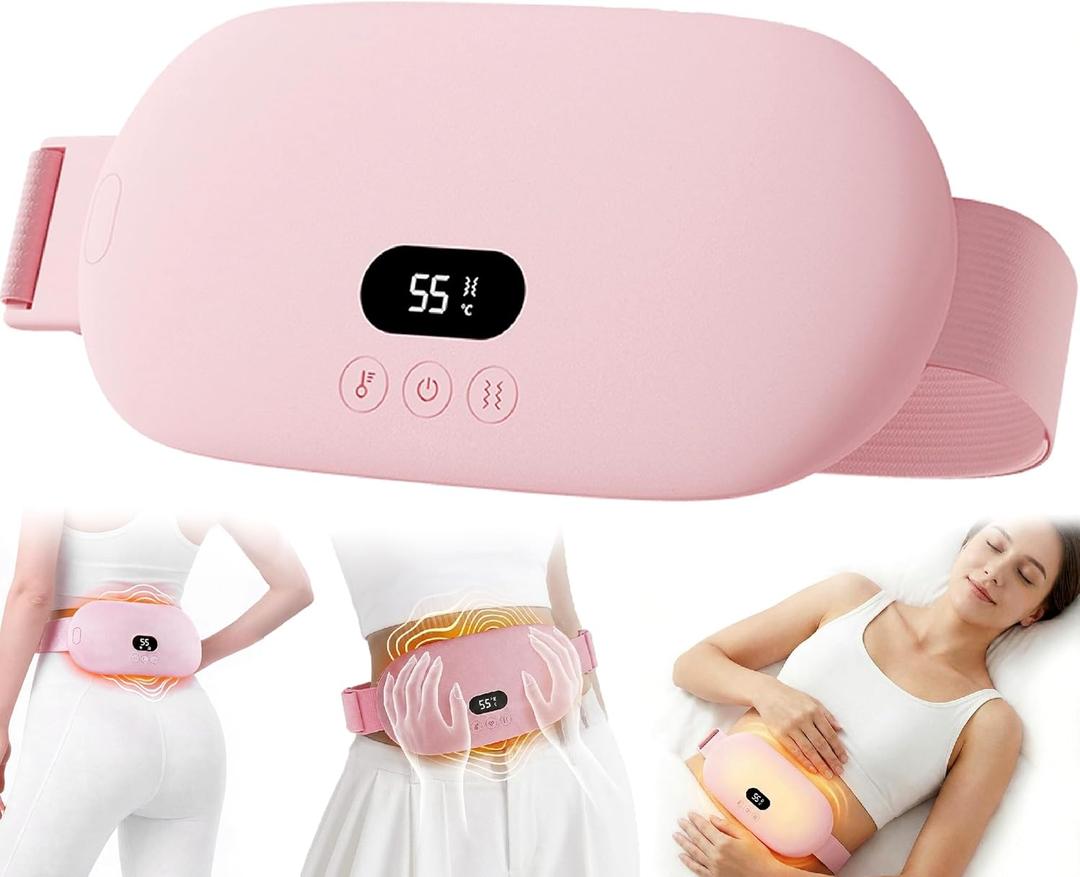 Heating Pad for Period Cramps, Cordless Rechargeable Wearable Heating Belt with Massage Vibration, 5 Heat Levels, Auto Shut-Off, Soft Flannel Comfort (Pink)