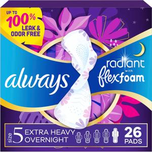 Always Radiant Feminine Pads for Women, Flexfoam Pads with Wings, Size 5, Extra Heavy Overnight Absorbency, Lightly Scented, 26 Count