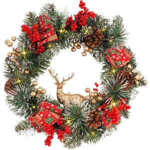 Christmas Wreaths for Front Door 16 Inch, Artificial Christmas Wreath with Light, Pre-Lit Winter Wreaths with Pine Cones, Berry Clusters Reindeer, Xmas Wreaths for Indoor Outdoor Window Porch Decor