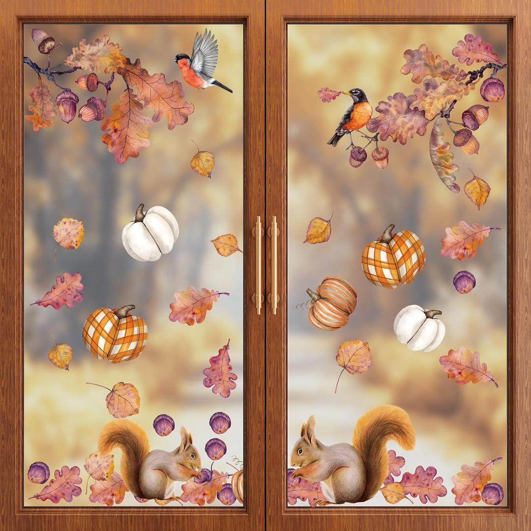 2 x ZAWE 9 Sheets Fall Window Clings Squirrels Birds Pumpkins Leaves Acorns Double-Sided Window Decals Stickers for Autumn Thanksgiving Party Home Classroom Office Decorations