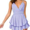 Hocuos Women's Dress Sexy V-Neck Adjustable Spaghetti Strap Waist Tie Sleeveless Layer Ruffle Hem A Line Mini Dresses (Purple), Small