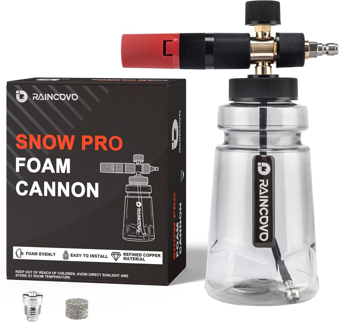 Raincovo Foam Cannon Wide Mouth for Pressure Washer, Snow Pro | Thick Snow Foam Lance for Car Wash, Adjustable Soap Cannon with 1/4 Inch Quick Connector, Additional 1.1mm Orifice Nozzle