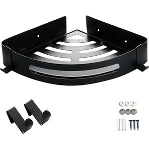 COVRA Wall-Mounted Corner Shelf, Single Pack, Bathroom Tray Organizer with 2 Hooks, Ideal for Bedroom, Living Room, Bathroom, and Kitchen (Black)