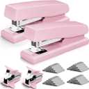 2 Pack Pink Office Staplers, 25-Sheet Capacity with 4000 Staples and 2 Staple Removers, Desktop Stapler, Pink Office Supplies for Students and Office Clerks