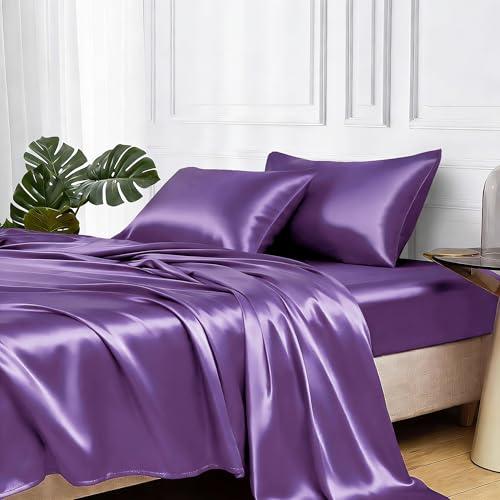 MR&HM Satin Bed Sheets, Queen Size Sheets Set, 4 Pcs Silky Bedding Set with 15 Inches Deep Pocket for Mattress (Queen, Lavender)