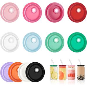 12 Acrylic Lids for 16 Oz Glass Cups, Candy Color Can Straw Bamboo Lids for Glass Cups Wooden, Replacement Lid Reusable 20 Oz for 2.3 inch/58 mm Internal Diameter Soda Can Iced Cup Beer Milk Juice