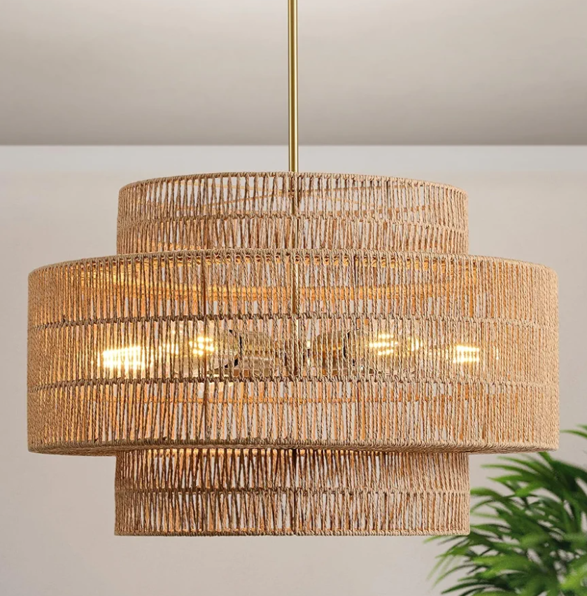 24” Boho Large Rattan Chandelier Light Fixture,6-Light Large Hand Woven Pendant Light Fixture Farmhouse Rustic Chandeliers for Kitchen Bedroom, Dining Room, Living Room, Hallway, Foyer