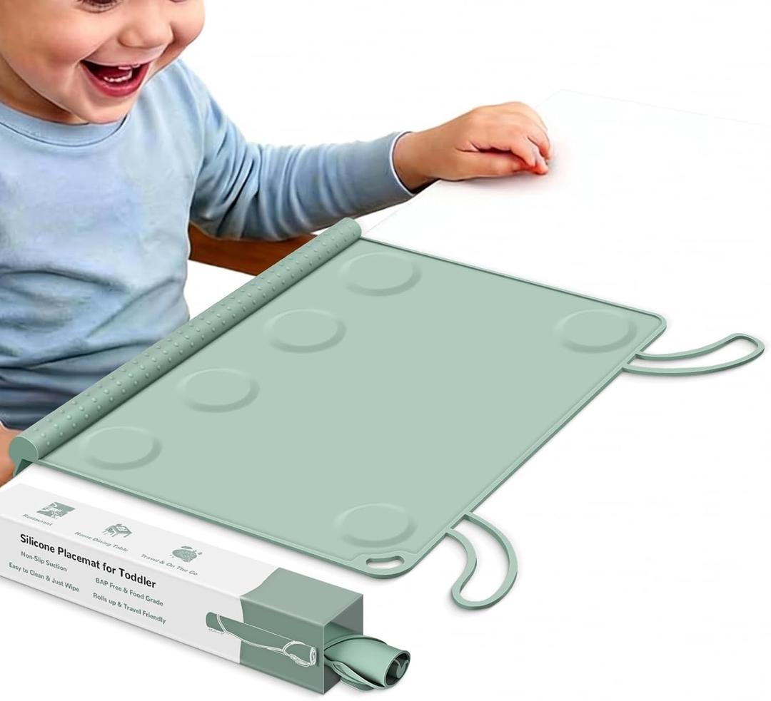 Silicone Placemat for Toddler Eating: Wipe Clean & Roll Up in The Diaper Bag - Table Mat for Restaurant/Travel/On-The-Go (Green)