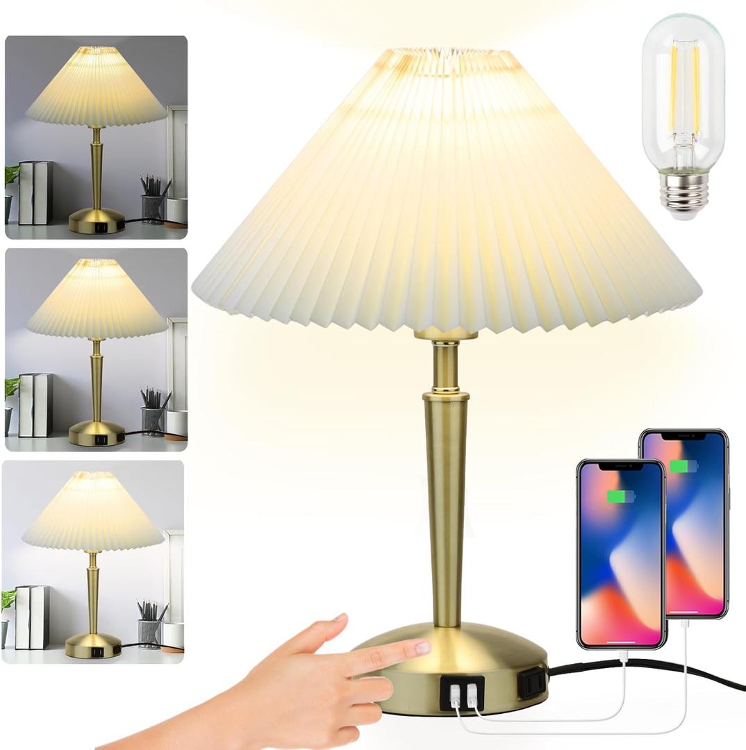 Touch Bedside Table Lamp - Modern Small Lamp for Bedroom Living Room Nightstand, Desk lamp with Fabric Lamp Shade, Warm LED Bulb, 3 Way Dimmable, Simple Design Mother's Day Gifts (Gold)