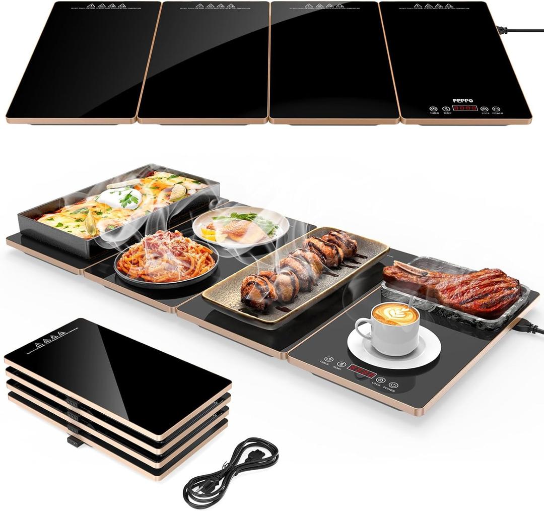 FEPPO Electric Warming Tray, 4-in-1 Food Warmers for Parties Buffet with 10 Temp Settings and Timer, 33"x15" Glass Surface Warming Mat for Food, Modular Buffet Hot Plates for Catering and Gatherings (Black/Gold)