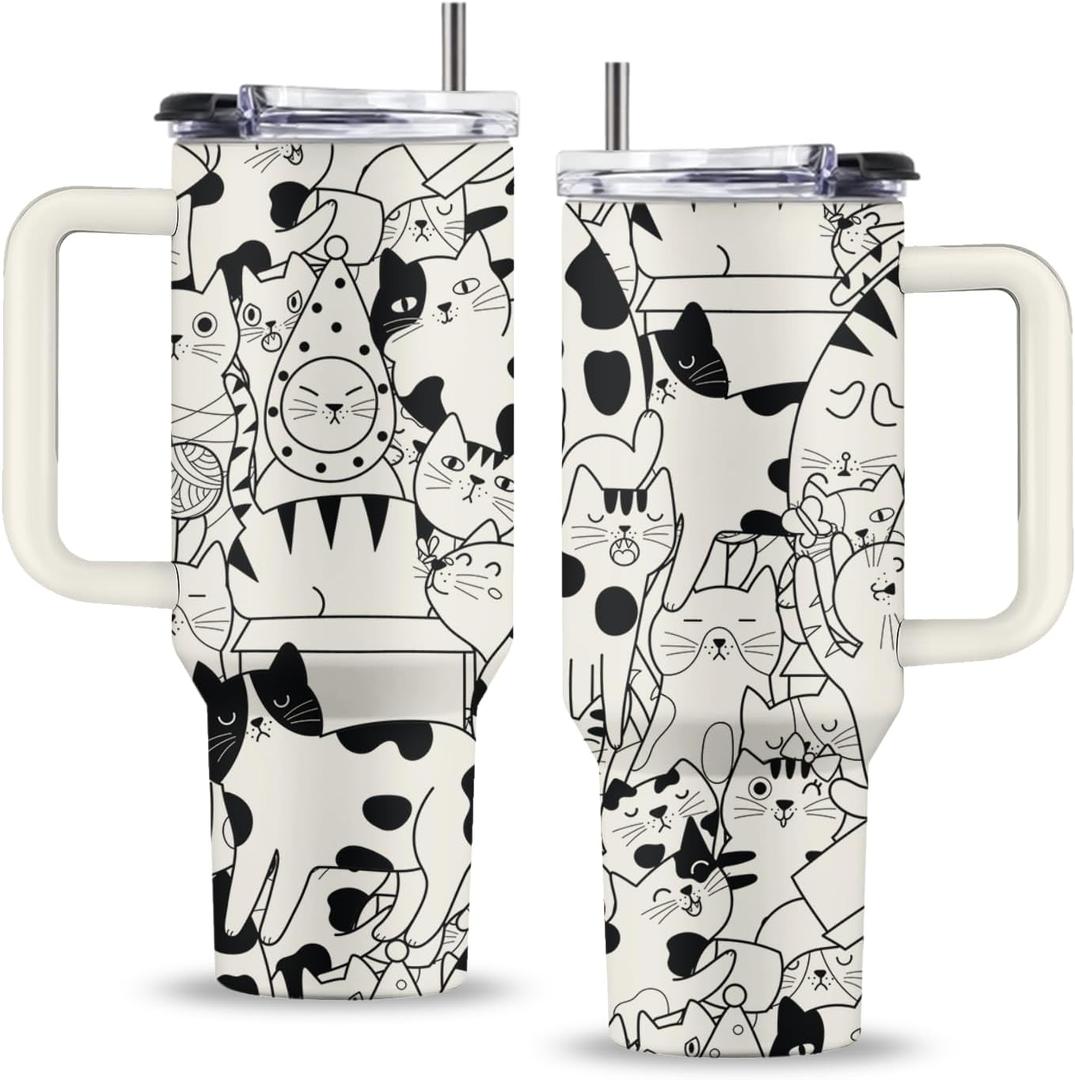 Cat Gifts for Lovers Mom Women, 40 Oz Cat Tumbler with Handle & Straw, Cats Themed Insulated Travel Coffee Mugs, Thanksgiving Christmas Birthday Gift for Animal Lover, Kitty Cup, 1 PCS