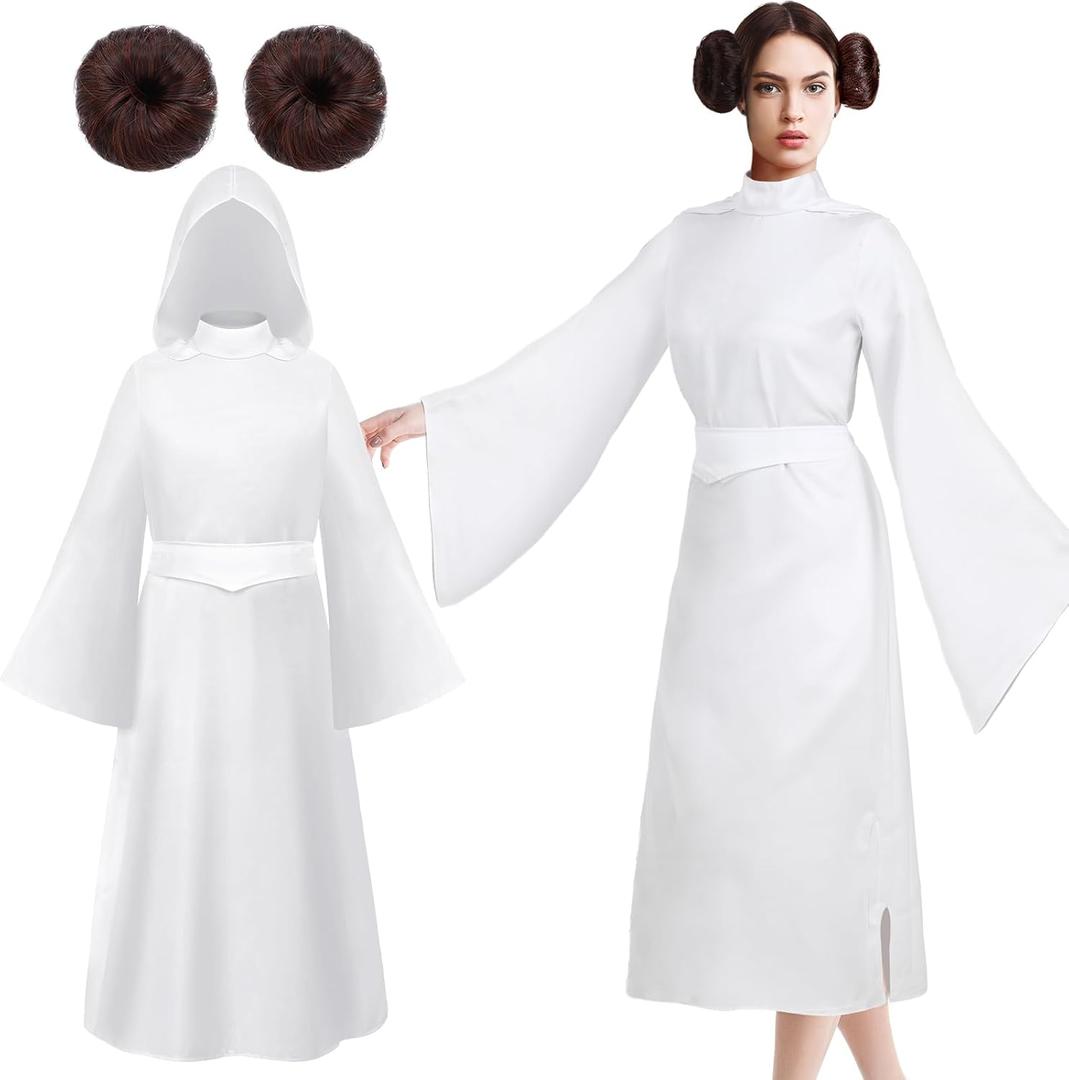 Zoooyawn Set of 3 May the 4th Be with You Women Princess Costume Set Long Hooded Dress with Belt Hair Bun for Cosplay (Large)