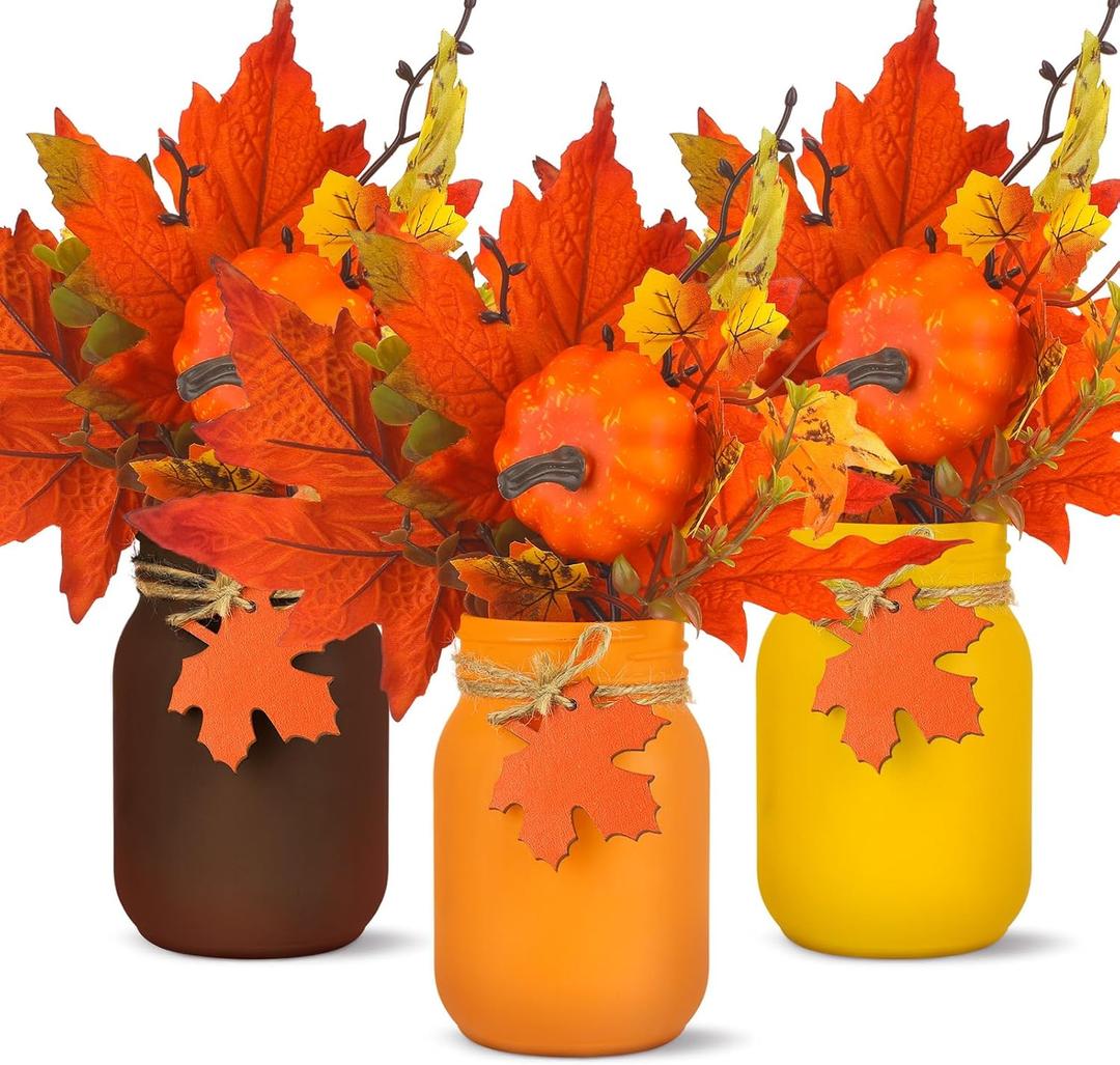 Karenhi 13 Pcs Fall Thanksgiving Mason Jar Table Decor, Fall Centerpieces for Tables with Artificial Leaf Pumpkin and Garland, Thanksgiving Day Autumn Home Kitchen Indoor Decor(Leaf)