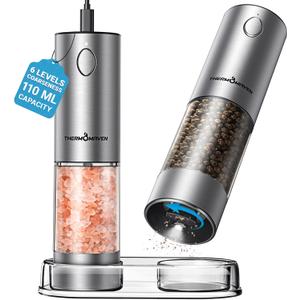 ThermoMaven Upgraded Larger Capacity Electric Salt and Pepper Grinder Set, 110ml Rechargeable Salt and Pepper Shaker with LED Light, Stainless Steel Automatic Pepper Mill with 6 Adjustable Coarseness (Silver)