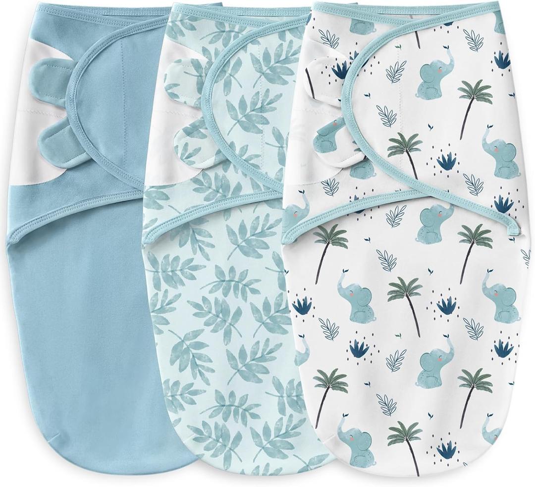 Unnivoll Baby Swaddles for Newborns 100% Cotton Newborn Swaddle Sack 3 Pack Baby Swaddles 0-3 Months Swaddle Sleep Sack for Newborn Baby Boy Girl Blue Leaves & Elephant