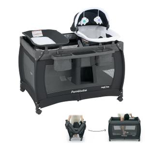 Pamo Babe 1-Second Setup 4-in-1 Playard for Babies - Heavy-Duty Steel Frame for Safe Sleep Space, Portable Crib with Changing Table, Locking Wheels, Breathable Mesh (Grey)