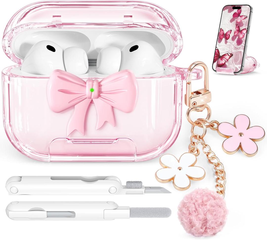 for AirPods Pro 3 Case 2025, with Safety Lock & Phone Stand for AirPods Pro 3 Generation Case Cover for Women Girly with Chain,Clear Pink