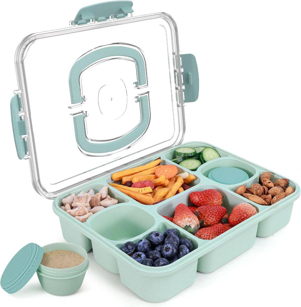 2 x Large Snackle Box Container with 2 Sauce Cups, 8-Compartment Divided Serving Tray with Lid & Handle, Portable Snack Tray for Travel Picnic, Leak-Proof, Dishwasher Safe, BPA-Free