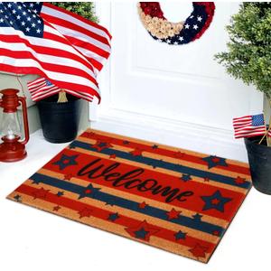 Patriotic Welcome Mat, Coir Patriotic Doormat with Star Stripe, Non-Slip Entrance Door Mat for Outdoor Indoor Bathroom Kitchen Decor, 18x30 Inch