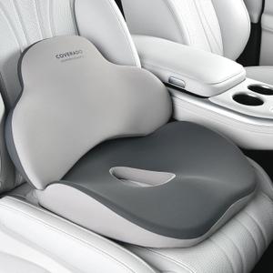 Coverado Seat Cushion and Lumbar Support Pillow for Car Office Chair, Ergonomic Memory Foam Desk Chair Cushion Back Support Pillow, Sciatica & Back & Tailbone Pain Relief Cushion-Black&Gray