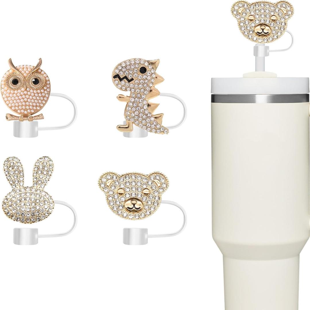 4PCS Bling Diamond Animal Straw Covers for Stanley Cups -Rhinestone Silicone Toppers Accessories Fits 10mm Straws, Reusable Glitter Cup Decorations for 30/40oz Tumblers