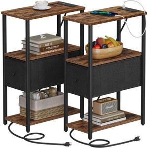 TUTOTAK Small Narrow End Table with Charging Station, Set of 2, Side Table with Outlets, Nightstand with Cloth Drawer, Couch Table, for Living Room, Bedroom, Bedside, Brown and Black TB01BB058K