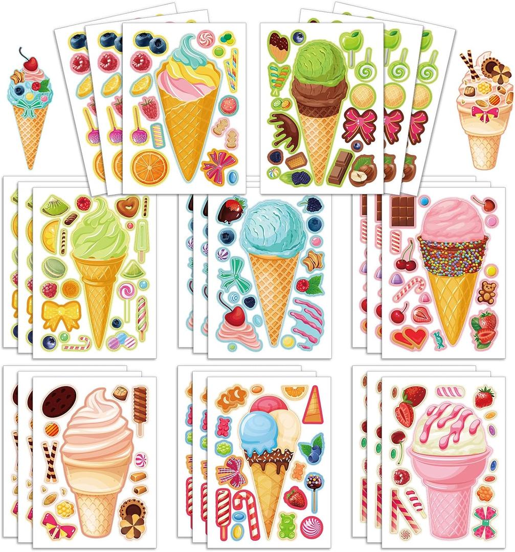 24 Sheets 8.3''5.9'' Make Your Own Ice Cream Stickers for Toddlers Kids Party Favors, Make a Face Stickers for Kids Activities Supplies Crafts