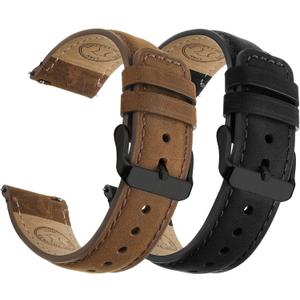 Fullmosa 18mm 20mm 22mm 24mm Leather Watch Bands, 2 Pack Soft Quick Release Watch Strap Compatible with Garmin Vivoactive 5/6/4/3, Venu 4/3S/2S, Samsung Galaxy Fossil Amazfit for Men Women,20mm Saddle Brown&Black/Black&Black