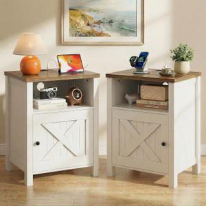 Marsail Farmhouse Nightstand Set of 2, Wood Bedside Table with Charging Station, Night Stand with Shelf and Doors, End Table with Storage Side Table for Bedroom, White & Brown, 24.8" H x 17.3" W x 15.7" D