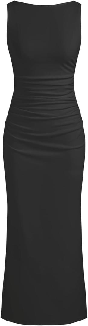 CIDER Women Summer Sleeveless Maxi Dresses Ruched Bodycon Long Wedding Guest Dress Cocktail Evening Gown (Medium, Black)