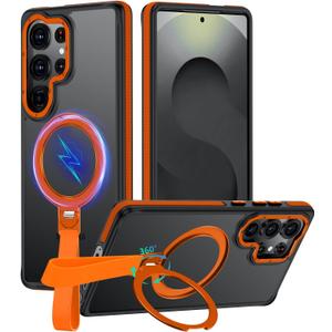for Samsung Galaxy S25 Ultra Case with 360Spin Magnetic Stand-Finger Strap, [Fit for MagSafe] [Mil-Grade Protection] Non-Slip Shockproof Ring Holder Matte S25 Ultra Phone Case (Orange)