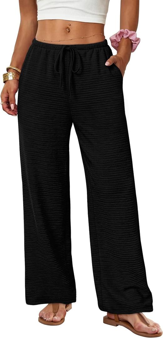Sampeel Wide Leg Pants for Women Flowy Palazzo Drawstring Elastic Waist Trousers with Pockets Summer Beach Vacation Clothes M