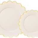 LIYH 60 Pcs Ivory and Gold Scalloped Plastic Plates - Disposable Fancy Combo Plates Includes 30 Dinner Plate 10.25" and 30 Dessert Plate 7.5" Plastic Heavy Weight Party Tableware Dishes, Beige and Gold Plates