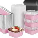 50 Pack Square Mini Cake Pans with Lids,Mini Loaf Pans with Lids,Aluminum Foil Baking Cups,Disposable Ramekins Cupcake Cups,Dessert Cups for Wedding Birthday Party Picnics,5oz (Pink)