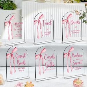 6 Pcs Pink Bow Baby in Bloom Shower Decorations, Baby Shower Sign, Newborn Gifts, Cards and Gifts Signs, Modern Arched Acrylic Table Top Signs With Stand for Birthday Party Decorations (Clear)