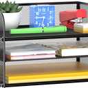 3 Tier Paper Organizer Tray with Handle, Mesh Letter Tray for Office, Home, School (1 Pack), Black (12.8" x 9" x 7.5")